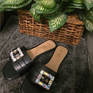 Black Sandals with Decorative Buckle and Flat Sole